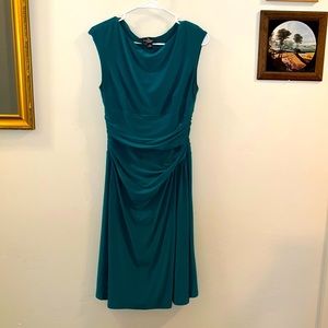 Women’s Short Sleeved Sheath Dress, Scoop Neck, Blue Green, Gathers at Waist